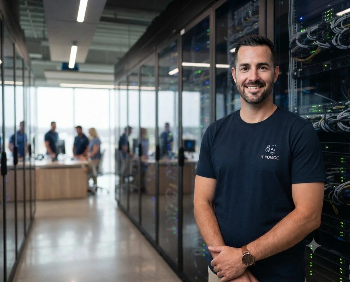 Technik IT POMOC v serverovni, ktorý zabezpečuje migráciu na Microsoft 365