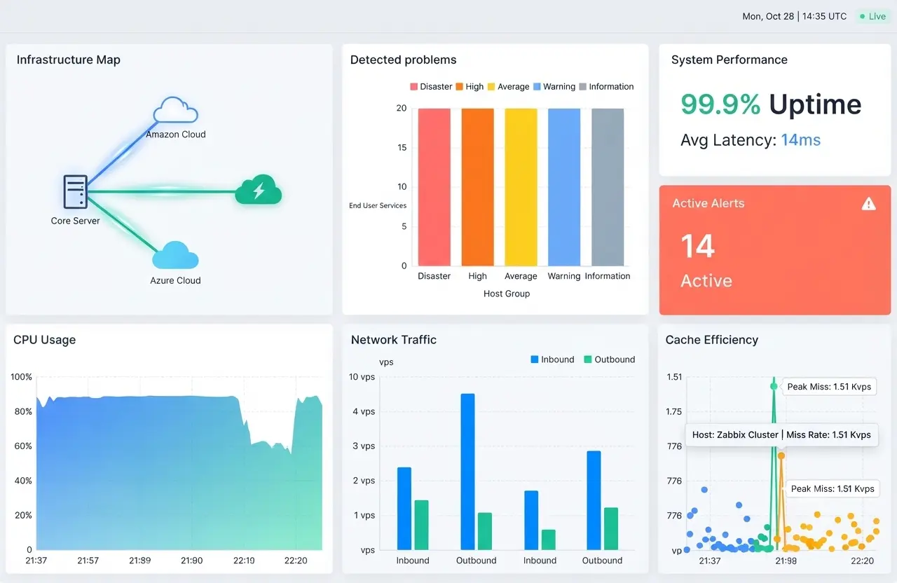 Ukážka monitorovacieho dashboardu: mapa infraštruktúry, dostupnosť 99,9 %, aktívne alerty a vyťaženie systémov v reálnom čase