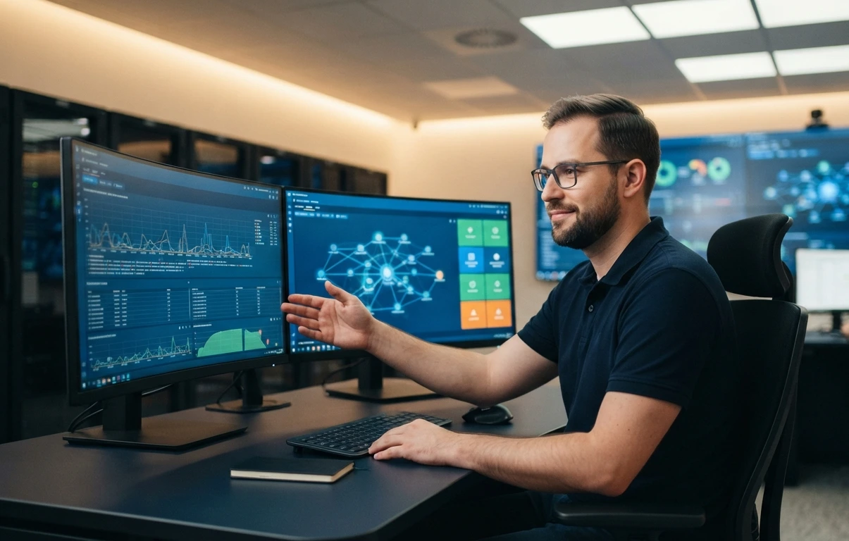 Technik IT POMOC při kontrole síťových prvků v serverovně během IT auditu