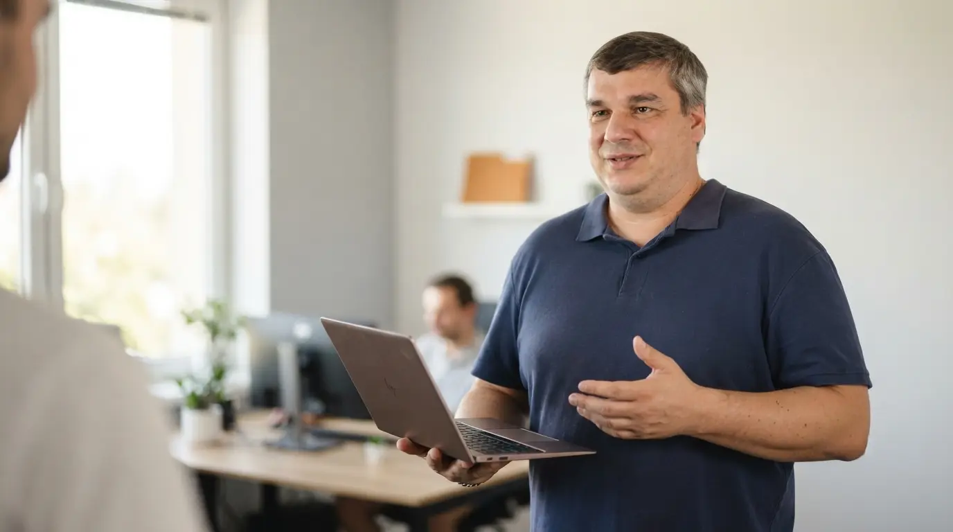 Technik IT POMOC s notebookom pri nastavovaní cloudových služieb pre firmu