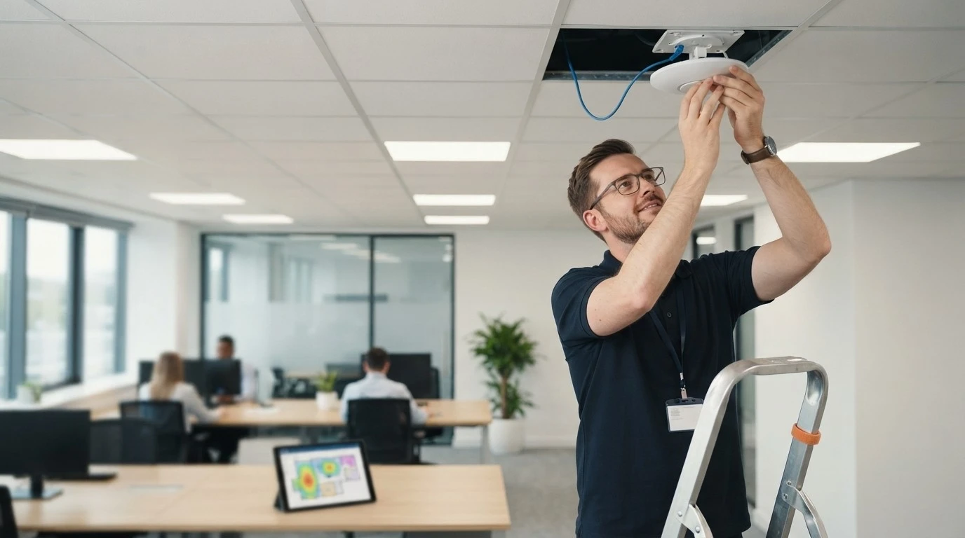 Technik IT POMOC montuje WiFi access point na strop firemnej kancelárie